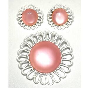 Vintage Brooch Earrings Set Pink Moonglow Lucite Set Vtg Costume Jewelry A16